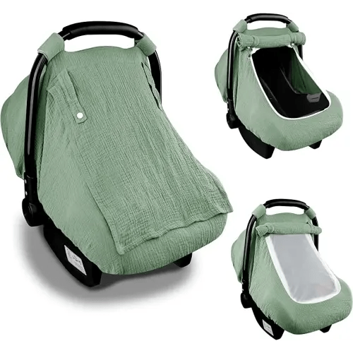 Hooyax Muslin Car Seat Covers for Babies, Summer Baby Car Seat Cover for Boys Girls with Breathable Window, Lightweight Infant Car Seat Canopy, Green