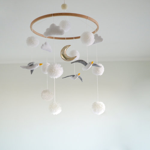 Ocean nursery mobile Hanging Seagulls Newborn nursery Monochrome Sea nursery decor Baby shower gift Neutral Moon Pom poms Clouds Coastal