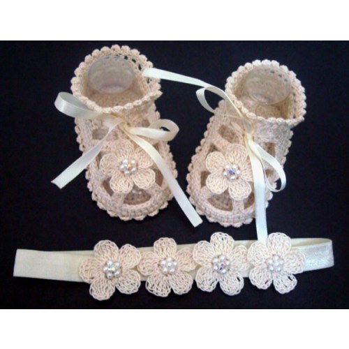 Cream Headband with Sandals Baby Set, Baby Shoes, Crochet Baby Sandals with Headband. Baptism Shoes with flower.