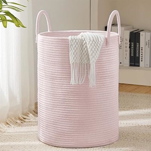 Woven Rope Laundry Hamper Basket by YOUDENOVA, 58L Tall Laundry Basket, Baby Nursery Hamper for Blanket Storage, Clothes Hamper for Laundry in Bedroom-Large-Pure White