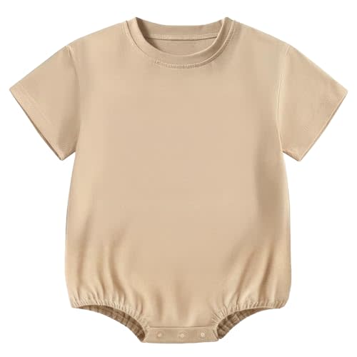 XUILOG Baby Boy Girl Bubble Romper Short Sleeve Plain Bodysuit T-Shirt Oversize Tops Crewneck Outfit