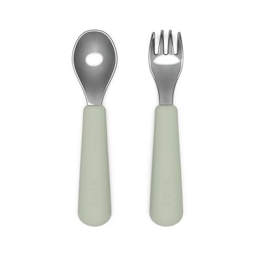 Lalo Utensils - Toddler Fork and Spoon Set - Stainless Steel and Silicone Ergonomic Toddler Utensils - Children Safe Flatware Set - 2 Pieces - Sage