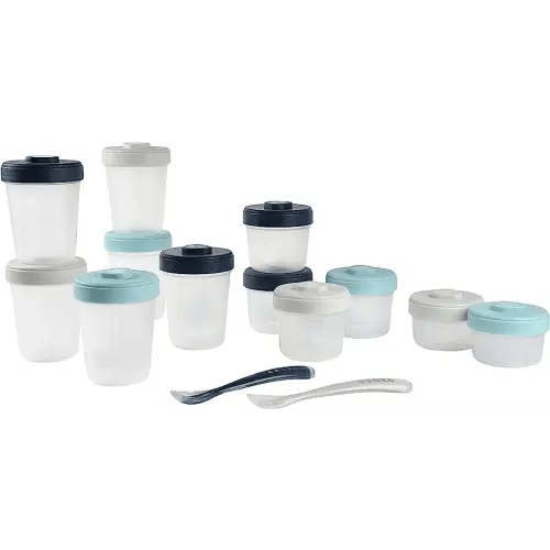Beaba Clip Containers Set of 12 + 2 Spoons, Baby Food Storage Containers, Food Storage Containers with Lid, Baby Food + Toddler Snack Containers (Rain)