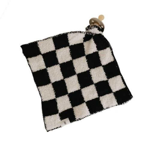 Forever French Baby | Lovey | Pacifier Holder | Lovey Baby Gifts | Boy & Girl | Ideal for Age 0 Months & Up | Microfiber Feather Yarn (Black & White Checkerboard)