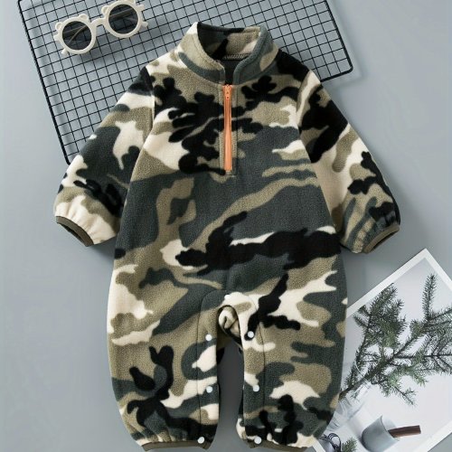 Baby Boy's Camouflage Pattern Polar Fleece Bodysuit, Half Zipper Warm Onesie, Infant's Clothing, Suitable For Indoor And Outdoor Wear