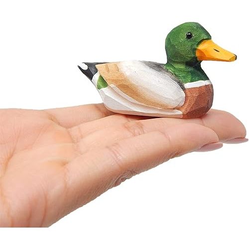 Small Mallard Wooden Duck Figurine - Drake/Male, Green Head, Hand-Made, Carving, Decoration, Decoy, Small Animals, Duck Lover