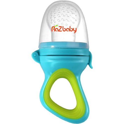 RaZbaby Baby Solids/Frozen Fruit Feeder Pacifier, Infant Teether Toy 6M+, BPA-Free Silicone Pouch & Nipple, Safely Introduce Solids, Natural Teething Relief, Dishwasher Safe, Freezable – Green/Blue