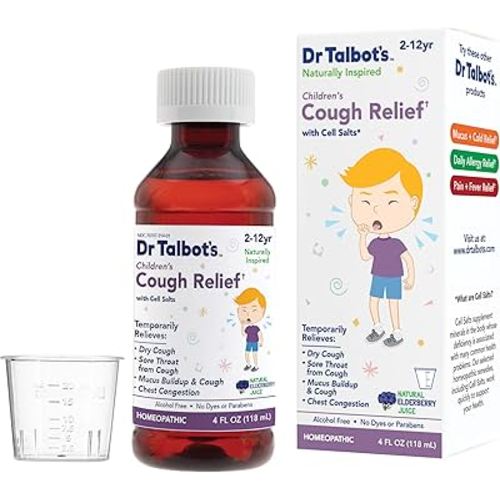 Dr. Talbot's Cough Relief Liquid Medicine with Naturally Inspired Ingredients for Children Includes Dosage Cup, Natural Elderberry Juice Flavor, 4 Fl Oz