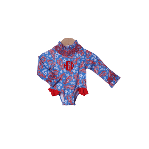 Sweet Lobster Red and Blue Smocked Swimsuit
