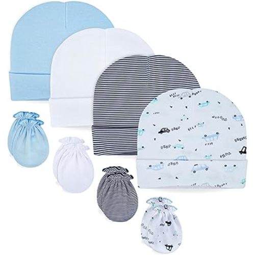 RATIVE No Scratch Mittens and Caps 100% Cotton for Newborn Baby 0-6 Months Boys Girls