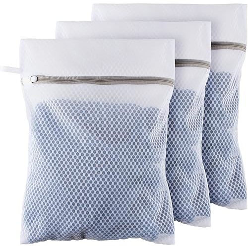 Medium Honeycomb Lingerie Bags with Hanging Loop- 3 Pack MDSXO Mesh Laundry Bags for Washing Delicates, White Wash Bags for Socks, Bra, Mask, Underwear 12 * 16 inch [3 Pack]