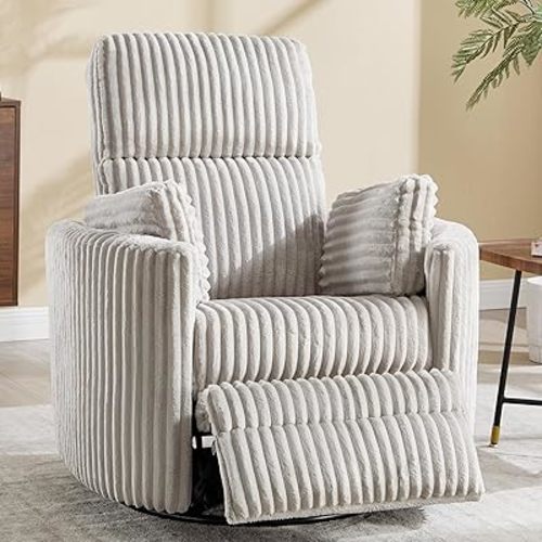 Recliner 360°Swivel Glider Rocking Chair,Upholstered Nursery Adult Rocking Chair with 2 Pillows for Living Room Bedroom(LIGHTGREY Corduroy, Manual Operation)
