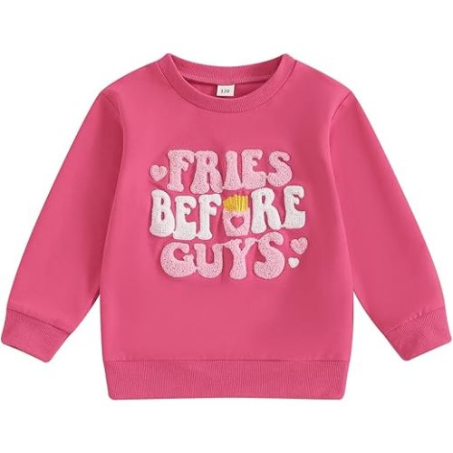 Valentines Day Baby Outfit Toddler Girl Valentines Day Shirt Fries Before Guys Sweatshirt Vintage Sweater Clothes (Fries Before Guys Embroidered Hot Pink, 3-4T)