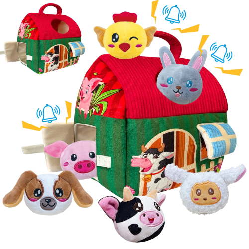 Baby Toys 6-12 Months, Soft Barn Farm with Stuffed Animals, Baby Montessori Sensory Toys, Plush Farm Animals for Toddlers 1-3, Plush Play Set with Barn
