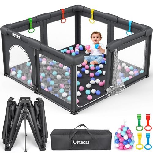 Baby Playpen Foldable Playpen for Babies and Toddlers, Large Playpens Portable Play Pen Play Yard for Kids Fence Indoor Outdoor Travel 4 Handlers 50 Balls Baby Gifts Essentials 50"X50" Dark Grey