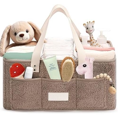 Baby Diaper Caddy Organizer for Diaper Changing Essentials - Teddy Fleece Diaper Organizer for Changing Table - Baby Basket Organizer - Baby Caddy Organizer with Removable Dividers