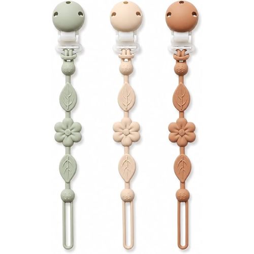 Pacifier Clips for Baby Silicone Pacifier Holder Clips for Boys Girls One Piece Baby Binky Clips YIVEKO Pacifier Clips Flower 3Pcs-Ivory+Sage+Brown