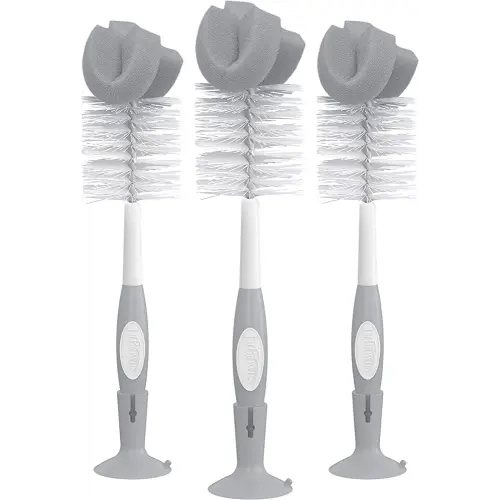 Dr. Brown's Reusable Sponge Baby Bottle Cleaning Brush Set with Suction Cup Stand, Scrubber and Nipple Cleaner, Gray, 3 Pack