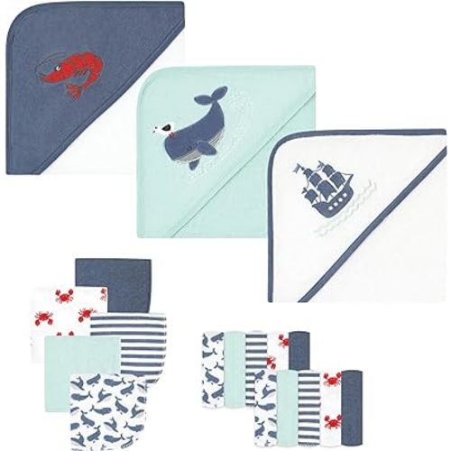 Hudson Baby Unisex Baby Animal Hooded Towel 3pk and 15 Washcloths, Whale, One Size
