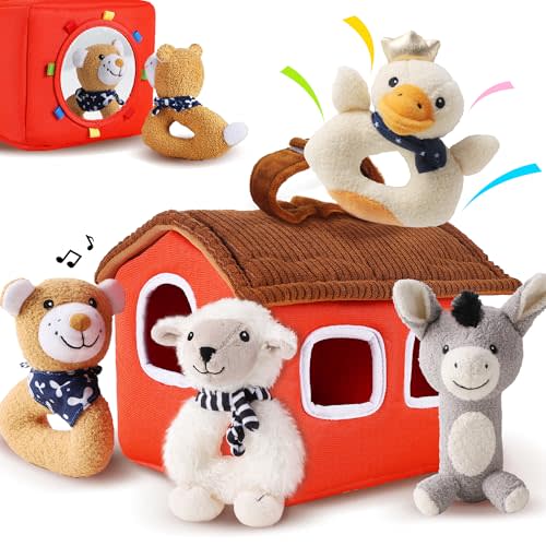 iPlay, iLearn Baby Toys 3 6 12 Month Newborn Gifts, Infant Soft Farm Stuffed Animal Rattles Plush Barn, Boy Girls Stocking Stuff, Shower Basket Stuffer, Sensory Hand Toy 0 2 4 7 9 Month 1 Yr - Farm