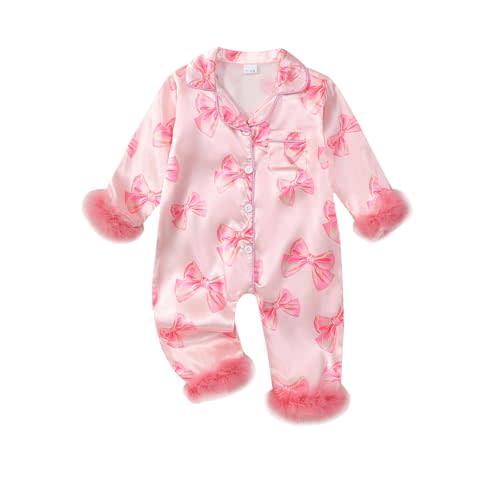 woshilaocai Baby Girl Button Down Romper Bow Strawberry Fuzzy Cuff Long Sleeve Jumpsuit Spring Summer Clothes