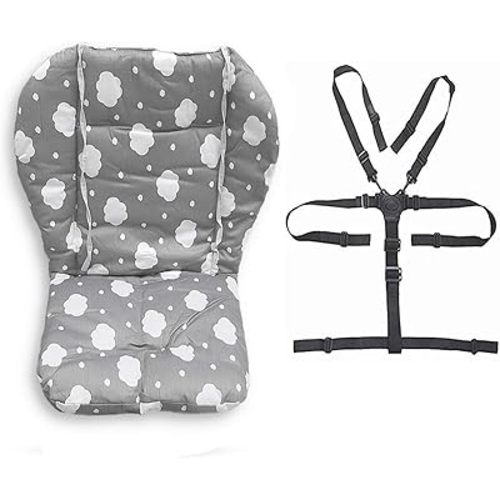 Twoworld Baby High Chair Seat Cushion Liner Mat Pad Cover Resistant and High Chair Straps (5 Point Harness) 1 Suit (Gray Clouds)