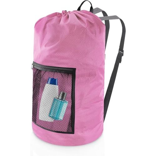 Olosar Laundry Bag Backpack, Extra Large Travel Laundry Bag with Mesh Pocket & Adjustable Shoulder Straps,Dirty Clothes Travel Bag for College Students Dorm,Apartment(Pink)