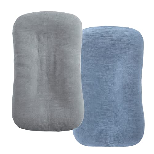 HOMBYS Muslin Baby Lounger Cover 2 Pack for Newborn, 100% Cotton Lounger Slipcover, Ultra Soft Removable Cover for Infant Lounger Pillow (Blue & Grey)
