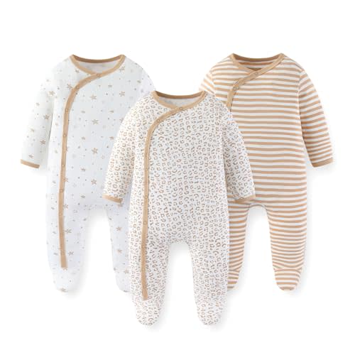 JELYLOVE Unisex Baby Boy Girl Footies Rompers Cotton Long Sleeve 3 Pack Infant Jumpsuits 0-12Months Babies' Outfits