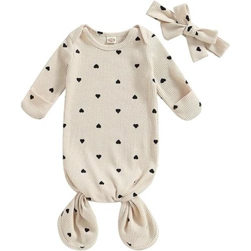 DuAnyozu Knotted Gown Baby Newborn Sleeping Bag Heart Print Sleep Sack Infant Girl Sleeper Valentines Pjs Set with Headband (Apricot, 0-3 Months)