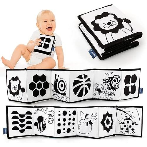 My First Black and White High Contrast Soft Book , Infant Tummy Time Toys, Black and White Baby Cards, Folding Educational Activity Cloth Book Suitable for Boys Girls Toddler