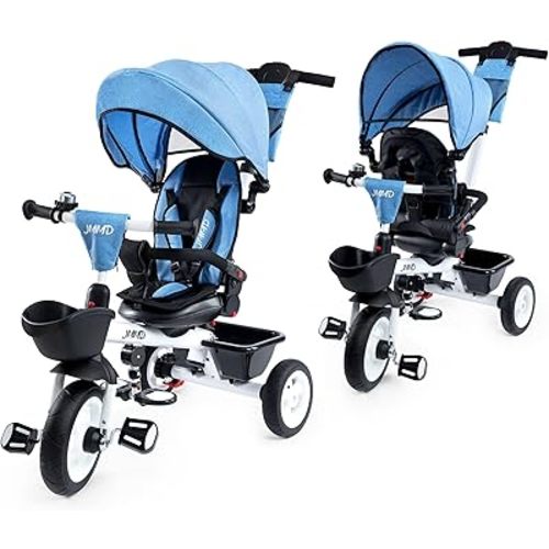 JMMD Baby Trike, 6-in-1 Kids Tricycle with Adjustable Push Handle, Removable Canopy, Safety Harness for 18 Months - 5 Year Old, Blue