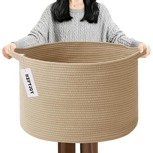 90L Extra Large Blanket Basket,Woven Rope Laundry Basket-Camel