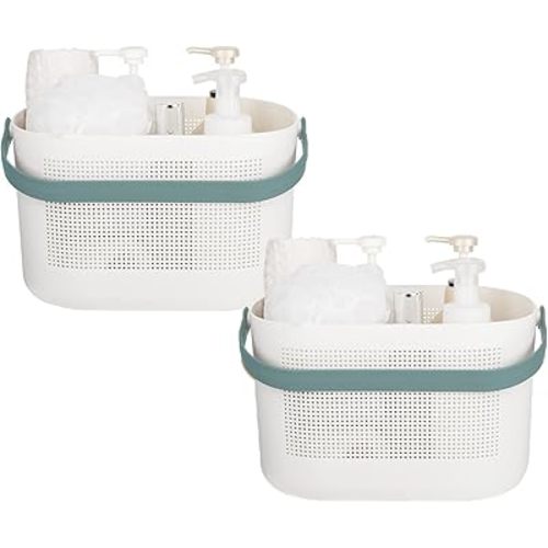 UUJOLY Plastic Storage Baskets with Handles, Shower Caddy Shelf Organizers Basket for Bathroom, Kitchen, Dorm Room, Green, 2 Pack