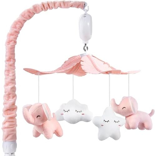 FEISIKE Crib Mobile for Girls Baby Mobiles with 3 Modes Digital Music Box(Turn Only, Music Only, Turn & Music, 35 Lullabies, Pink Elephant Nursery Mobile, Clamp Type, Pretty Box Packaging