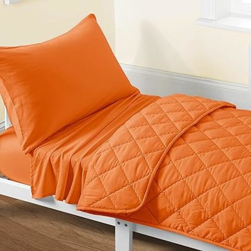 FLXXIE 4 Pieces Toddler Bedding Set, Soft and Breathable Microfiber Crib Sheet Set, Includes Quilted Comforter, Flat Top Sheet, Fitted Sheet, Envelope Pillow Case for Boys and Girls, Orange