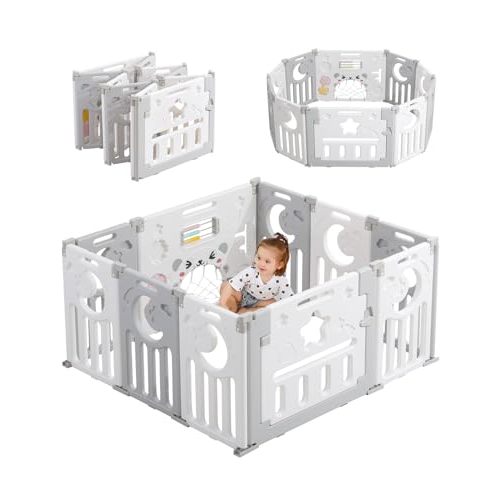 Baby Playpen, Dripex Foldable Playpen for Babies and Toddlers, Custom Shape Baby Fence, Safety Play Yard with Gate, Portable Play Area for Indoor or Outdoor, Grey White,10 Panel
