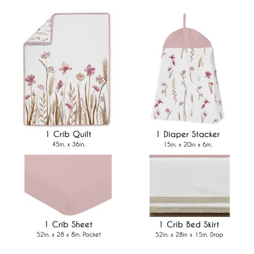 Sweet Jojo Designs Boho Floral Garden Flower Girl 4pc Nursery Crib Bedding Set Pink Watercolor Bohemian Farmhouse Vintage Fringe