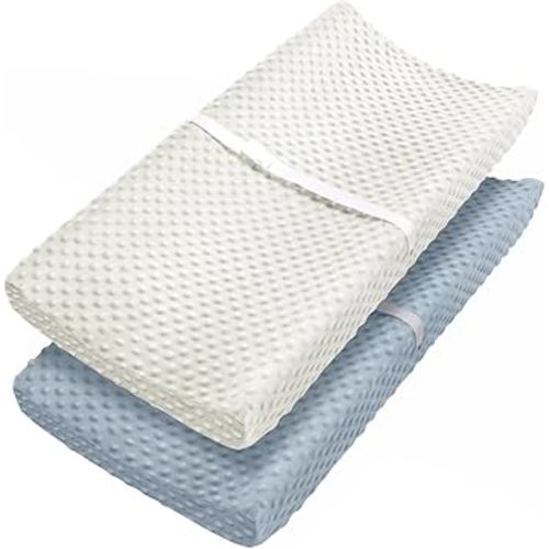 Babebay Changing Pad Cover, Ultra Soft Minky Dots Plush Changing Table Covers for Baby Boys and Girls, Breathable, 2 Pack(Blue Gray & Lily White)