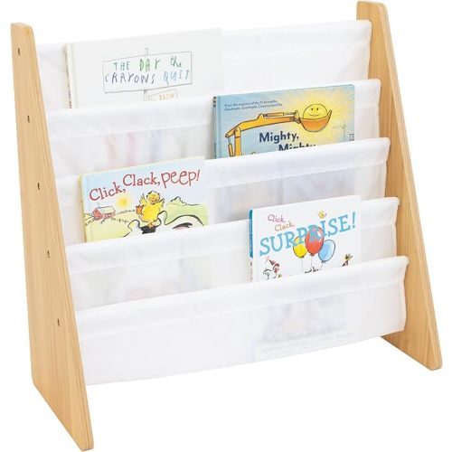 Humble Crew 4-Tier Kids Bookshelf, Natural Wood/White - Premium Book Shelf for Kids Rooms with Four Deep Pockets - Toddler Sling Book Rack with Deep Sleeves, Nursery Bookcase Organizer
