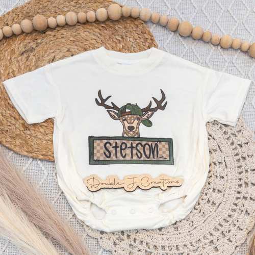 Deer Name Boy Bubble Romper Bodysuit, Personalized Deer Hunting Tee, Custom Kid's Hunting Baggy Romper, Deer Name Tee, CPSC Compliant