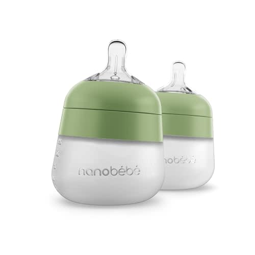 Nanobébé Flexy Silicone Baby Bottle, Anti-Colic, Natural Feel, Non-Collapsing Nipple, Non-Tip Stable Base, Easy to Clean 2-Pack, Sage, 5 oz