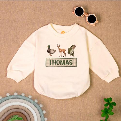 Personalized Name Mallard Duck Hunting Romper Sweater, Boy Ducking Hunter Baby Romper, Ducks Deer Fishing, hunting buddy, Newborn Bodysuit