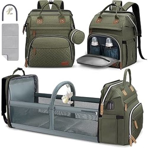 DERJUNSTAR Diaper Bag Backpack – Large Capacity Baby Diaper Bag with Changing Pad, Waterproof Travel Backpack for Boys & Girls, Multi-Function Baby Bag with USB Charging Port, Army Green