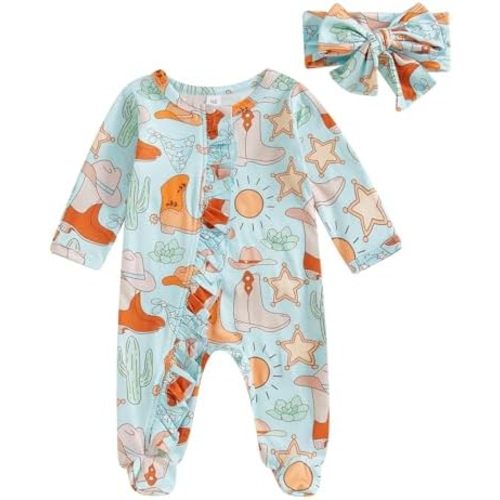 Western Baby Girl Clothes Newborn Cowgirl Jumpsuit Boots Print Long Sleeve Ruffle Romper With Headband Fall Clothes