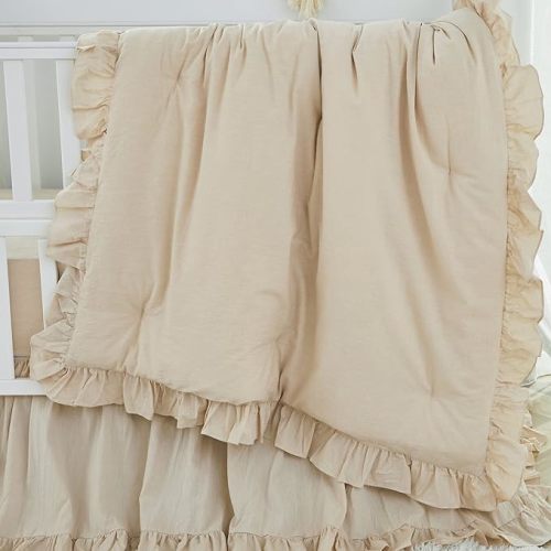 Brandream Gender Neutral Boho Bohemian Baby Girl Boy Nursery Crib Bedding Set 3 Pieces Solid Beige Farmhouse Chic Ruffle Unisex Cozy 100% Washed Cotton - 3-piece