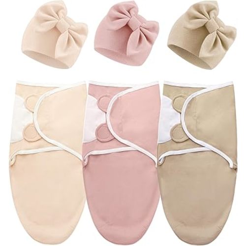 DRESHOW BQUBO 3 Pack Baby Swaddle Sleep Sacks Baby Swaddle Blanket Wrap Newborn Swaddle Sack with Big Bow Hat for Baby Boys Girls 6-12 Lbs Newborns & 0-3 Months Girls Boys