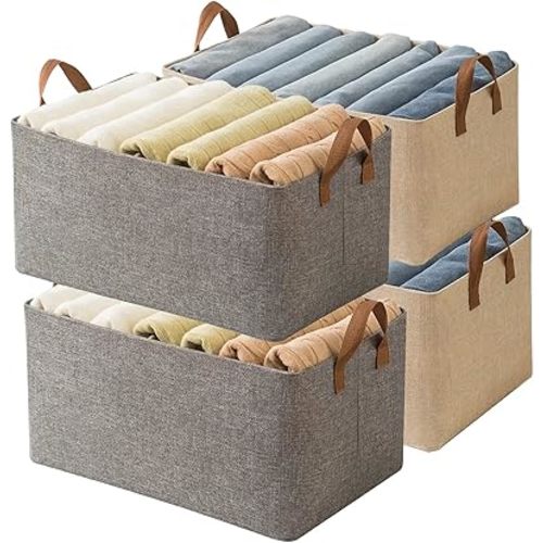 AARAINBOW 4 Pcs Closet Clothes Organizer with Handle, Fabric Storage Box with Steel Frame Stackable Shelf Storage Baskets Foldable Wardrobe Storage Box for Clothes Toys, 23L (2 Gray 2 Beige)