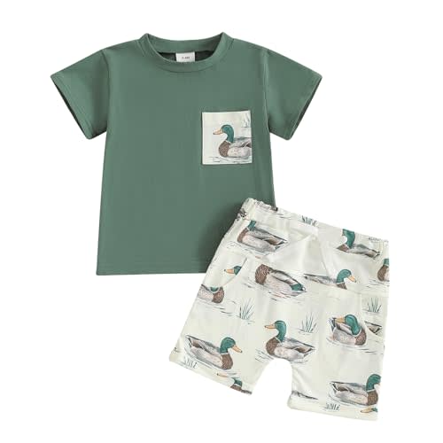 Kids Baby Boys Duck Hunter Clothes Mallard Duck Short Sleeve T-shirt Casual Shorts 2Pcs Toddler Hunting Baby Outfit
