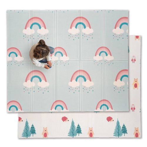 JumpOff Jo Baby Play Mat - Large Folding Foam Play Mat for Infants, Babies, Toddlers, Waterproof, Double-Sided (70" x 59") - Woodland Rainbow